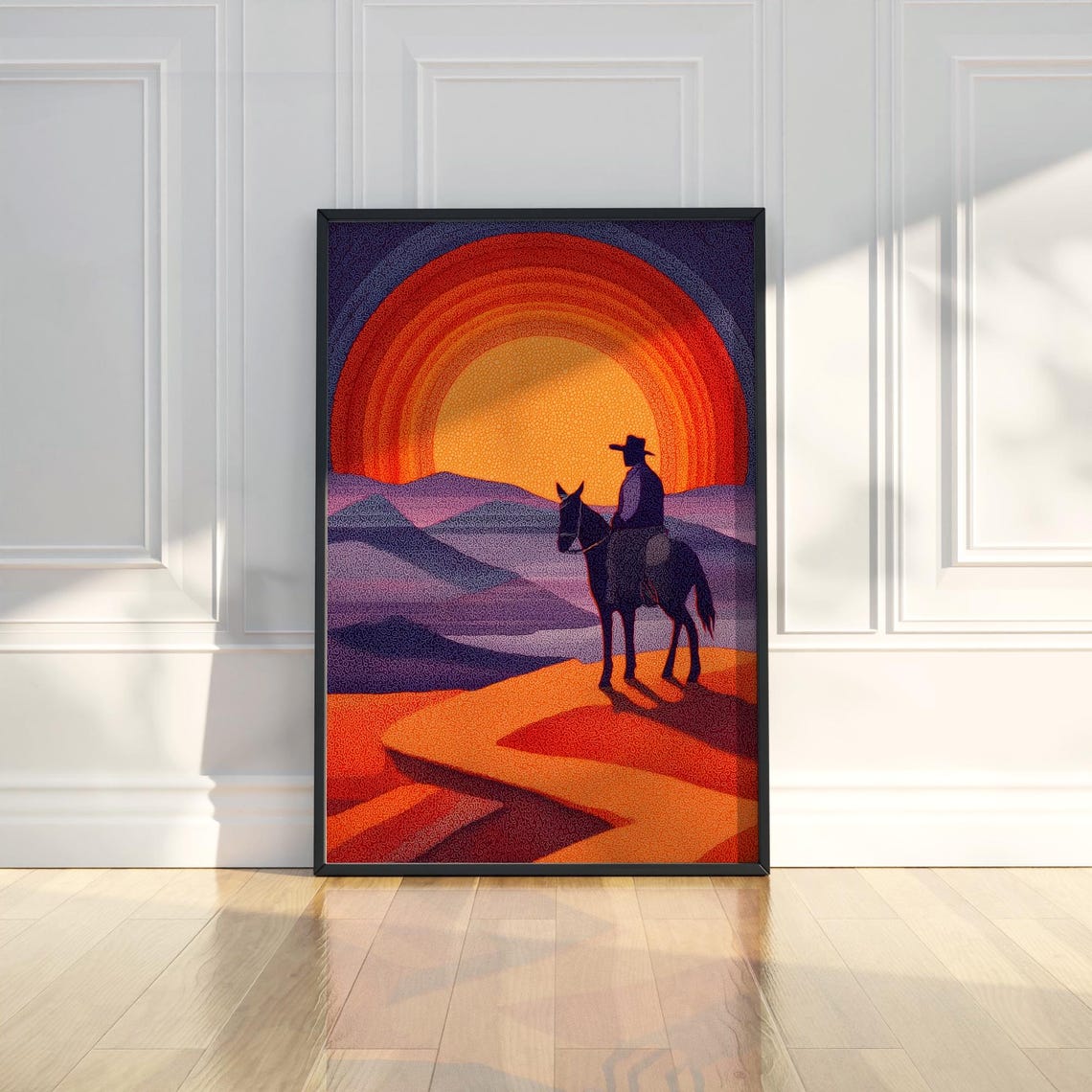 Cowboy On Horseback Sunset Western Desert Pointillist Poster