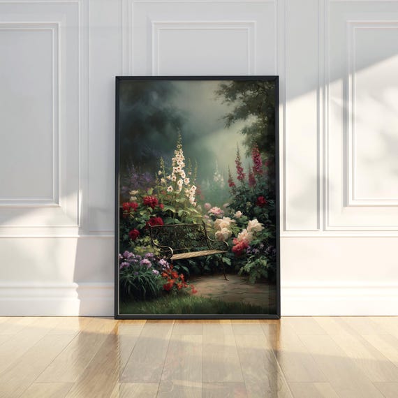 Vibrant Moody Garden Bench Wall Art Print Flower Botanical Nature Colorful Romantic Lush Home Decor Living Room Bedroom Entryway
