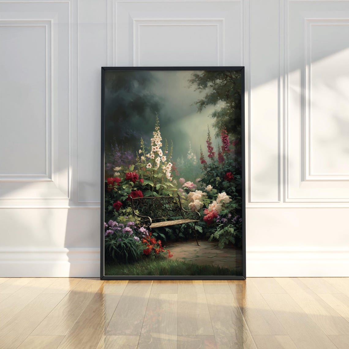 Misty Flower Garden with Iron Bench Romantic Painting Poster