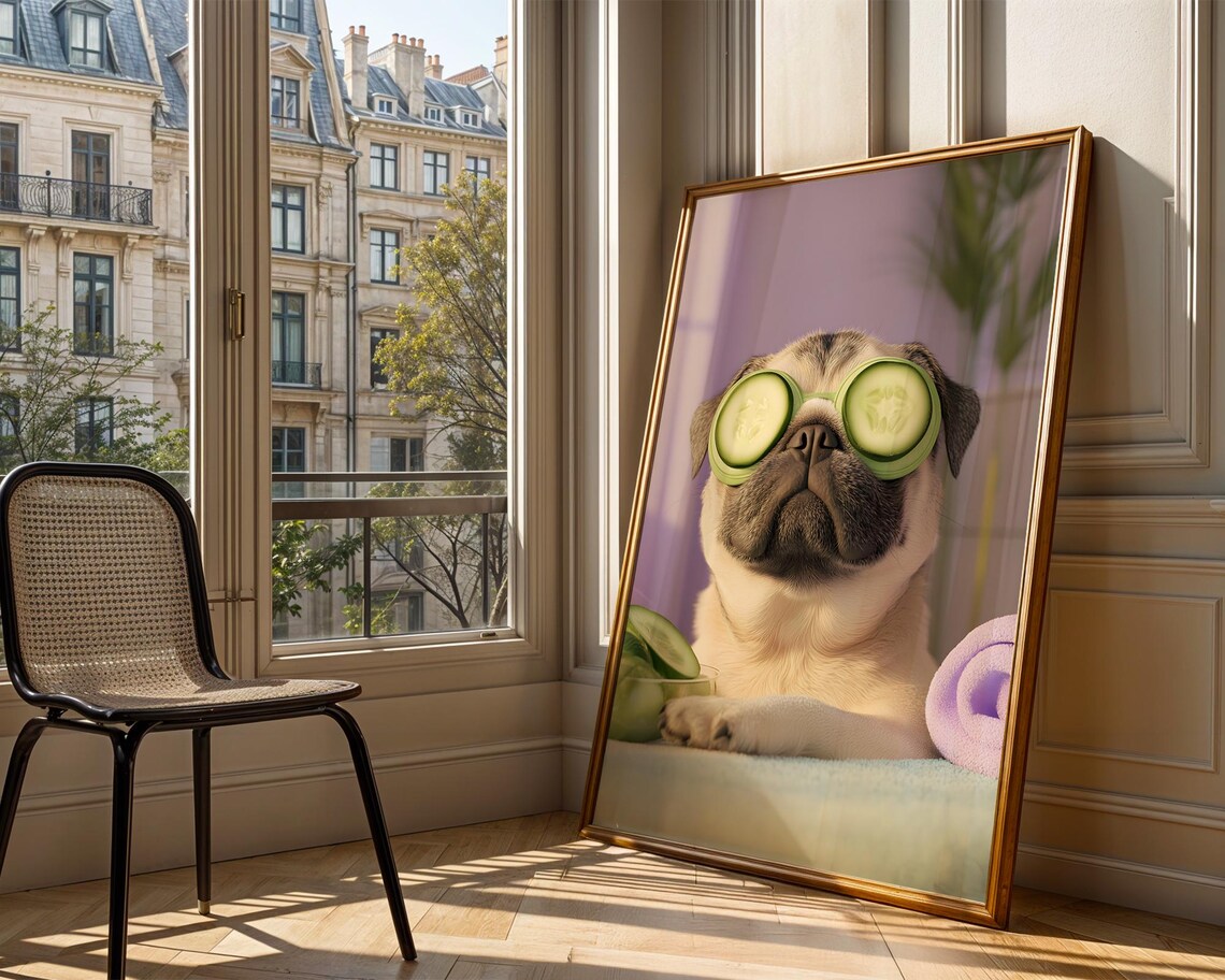 Pug Spa Cucumber Eyes Funny Relaxing Dog Portrait Humor Art Poster - Image 5