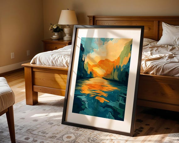 Sunset Canyon Wall Art Abstract Landscape Painting Bold Colorful River Scene Modern Nature Inspired Decor