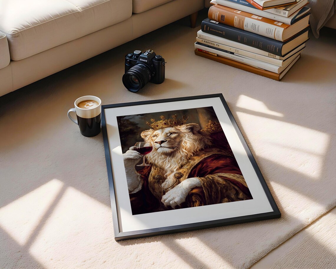 White Lion King Crown Wine Glass Regal Royal Animal Art Poster - Image 4