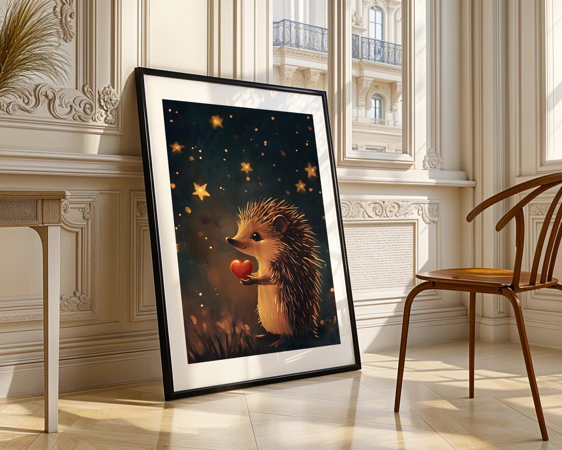 Cute Hedgehog Holding Red Heart Under Starry Night Sky Poster - Image 5