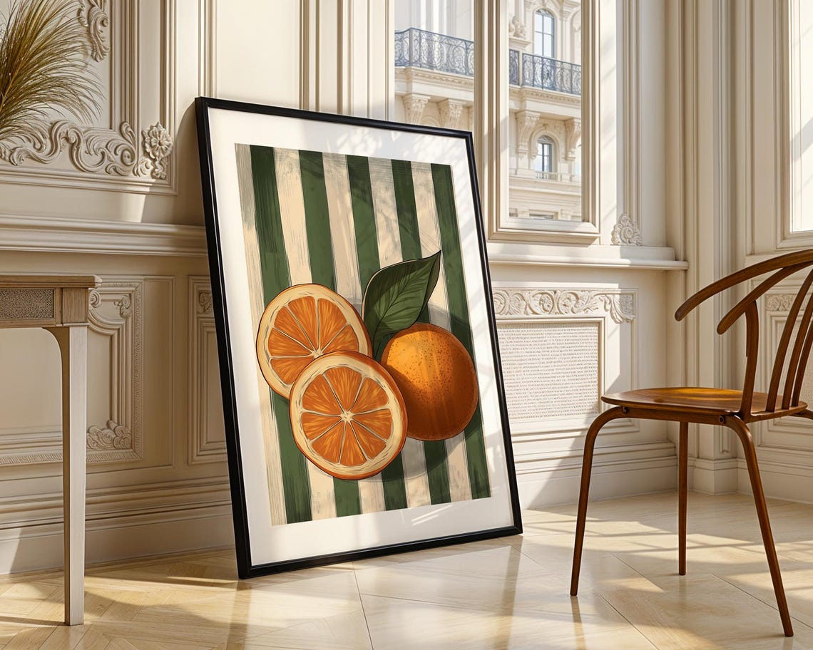 Fresh Orange Slices Citrus Fruit Green Striped Modern Art Poster - Image 3