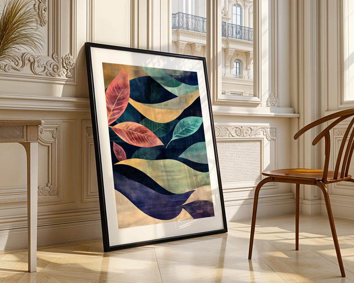 Colorful Abstract Botanical Leaves Navy Blue Waves Art Print - Image 3