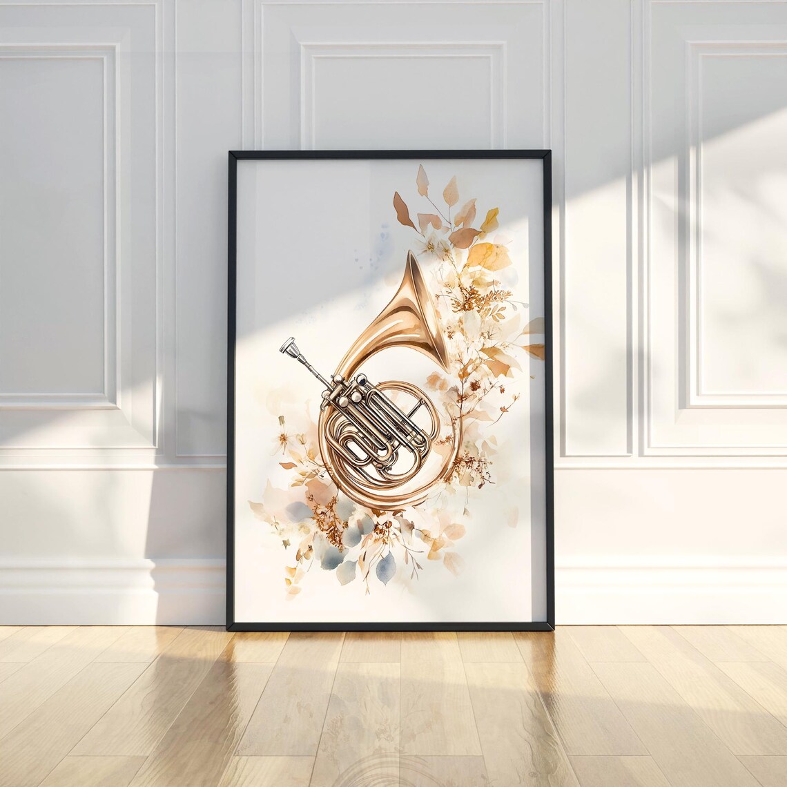 Golden French Horn Watercolor Floral Botanical Music Instrument Poster
