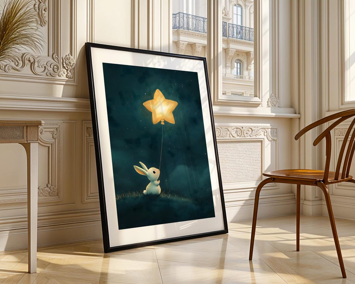 Cute Bunny Holding Glowing Star Balloon Night Nursery Poster - Image 2