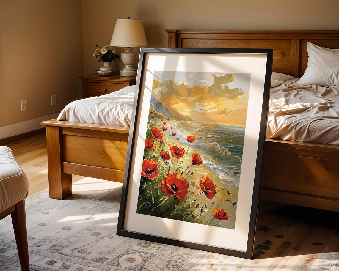Red Poppies Ocean Shore Sunset Waves Beach Floral Oil Painting Poster - Image 4