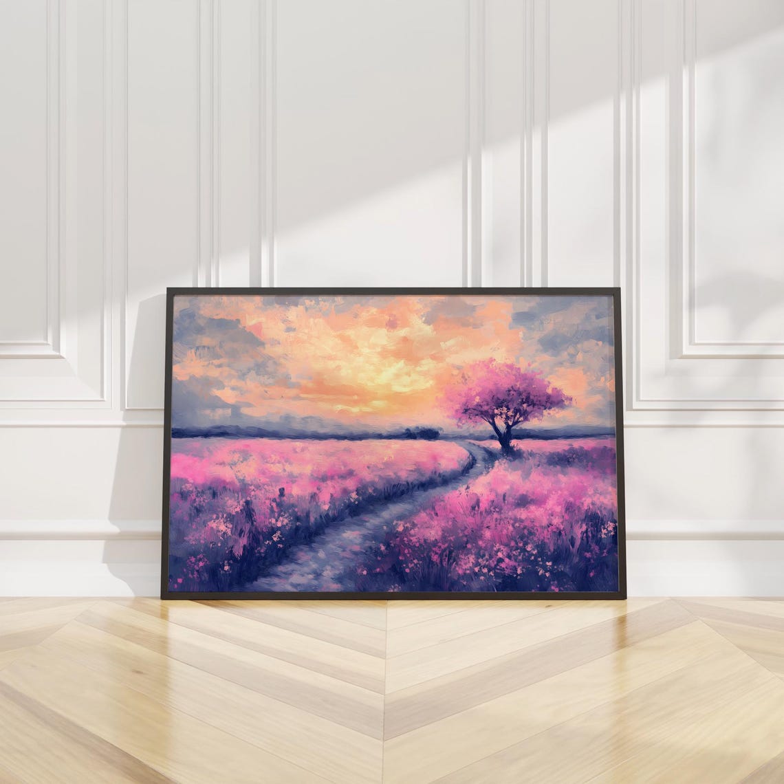 Pink Blossom Tree Winding Path Sunset Meadow Pastel Landscape Poster