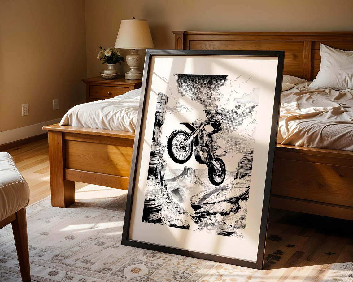 Dirt Bike Rider Jump Comic Style Black White Adventure Poster - Image 5