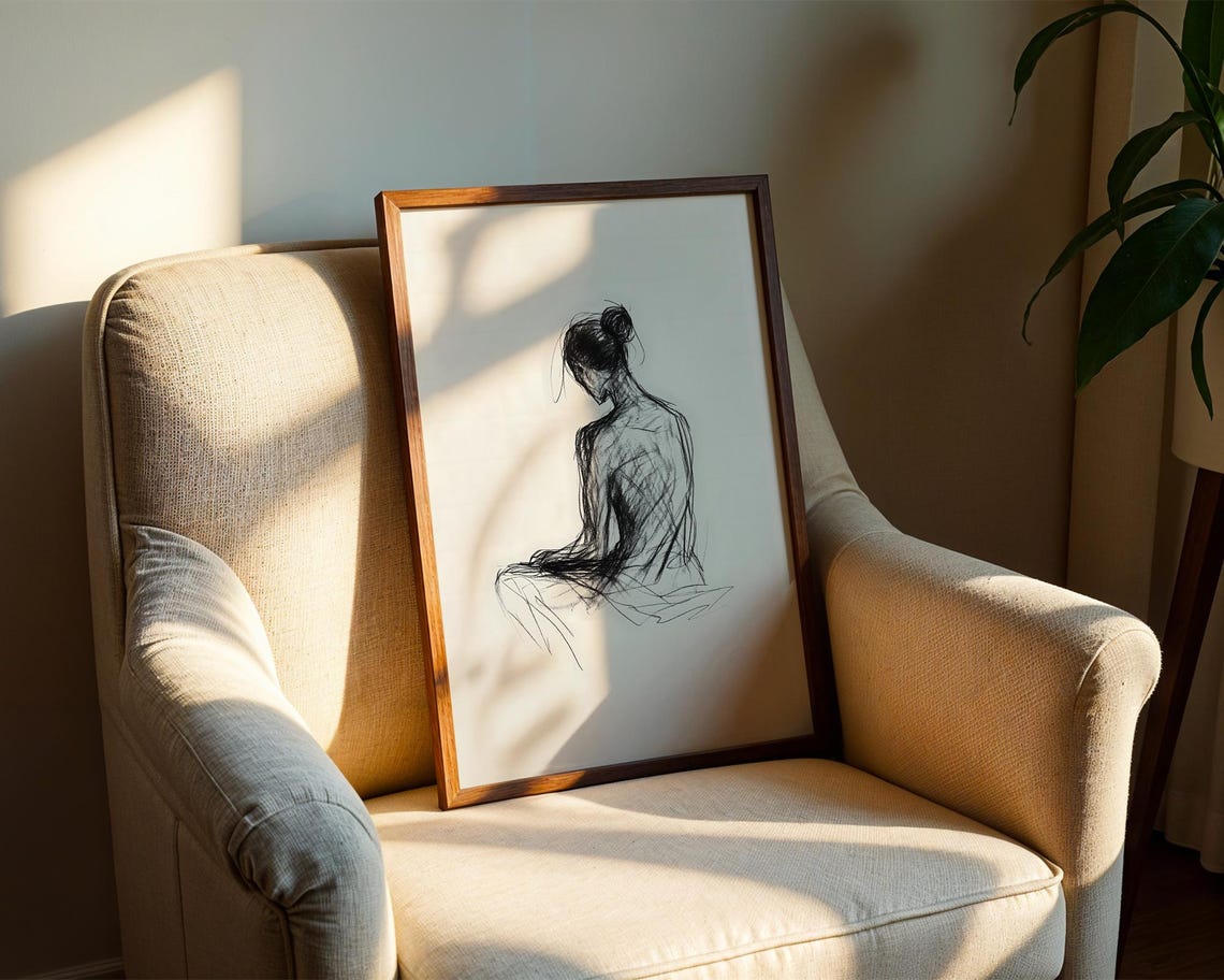 Seated Woman Back View Charcoal Sketch Figure Drawing Poster - Image 2