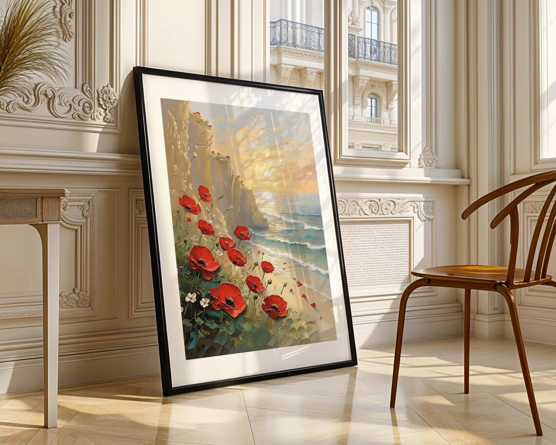 Red Poppies Coastal Cliffs Sunset Sea View Textured Oil Painting Poster - Image 3