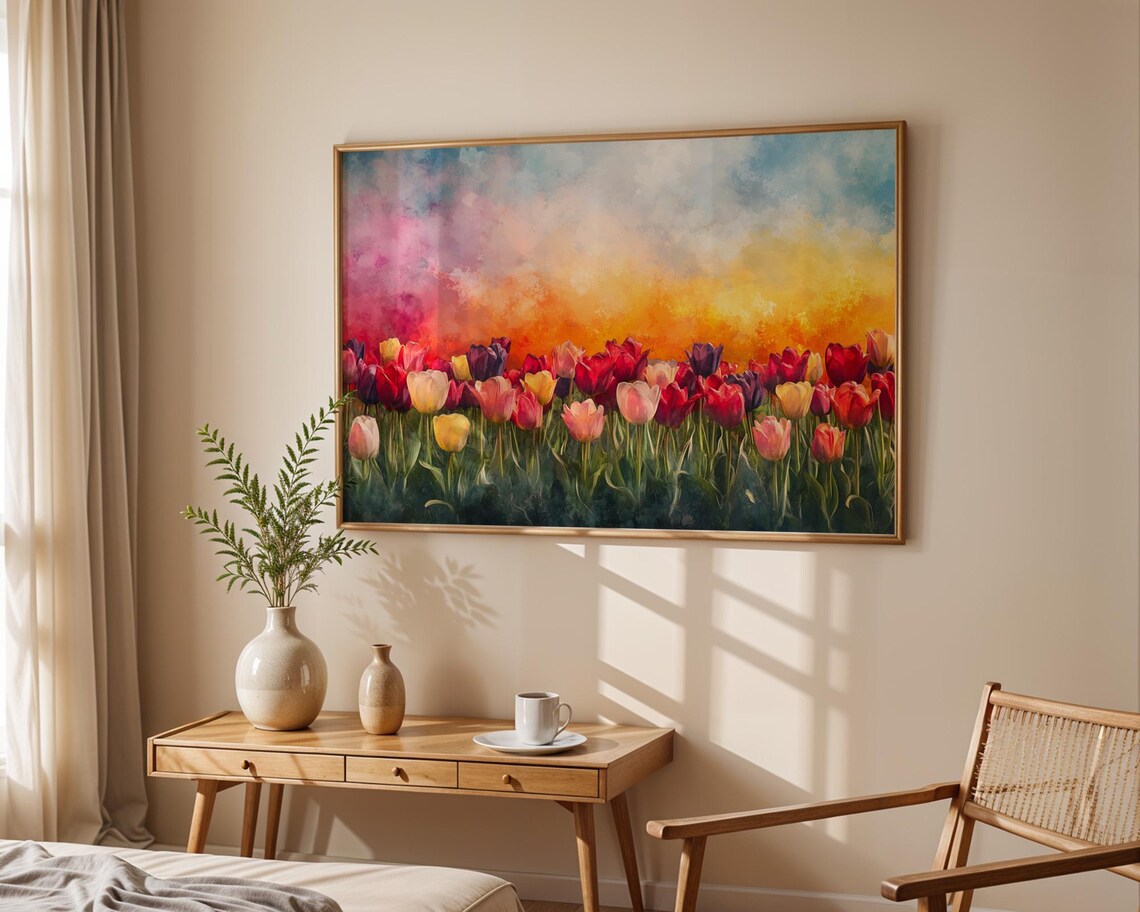 Colorful Tulip Field Rows Fiery Sunset Sky Watercolor Art Poster - Image 5