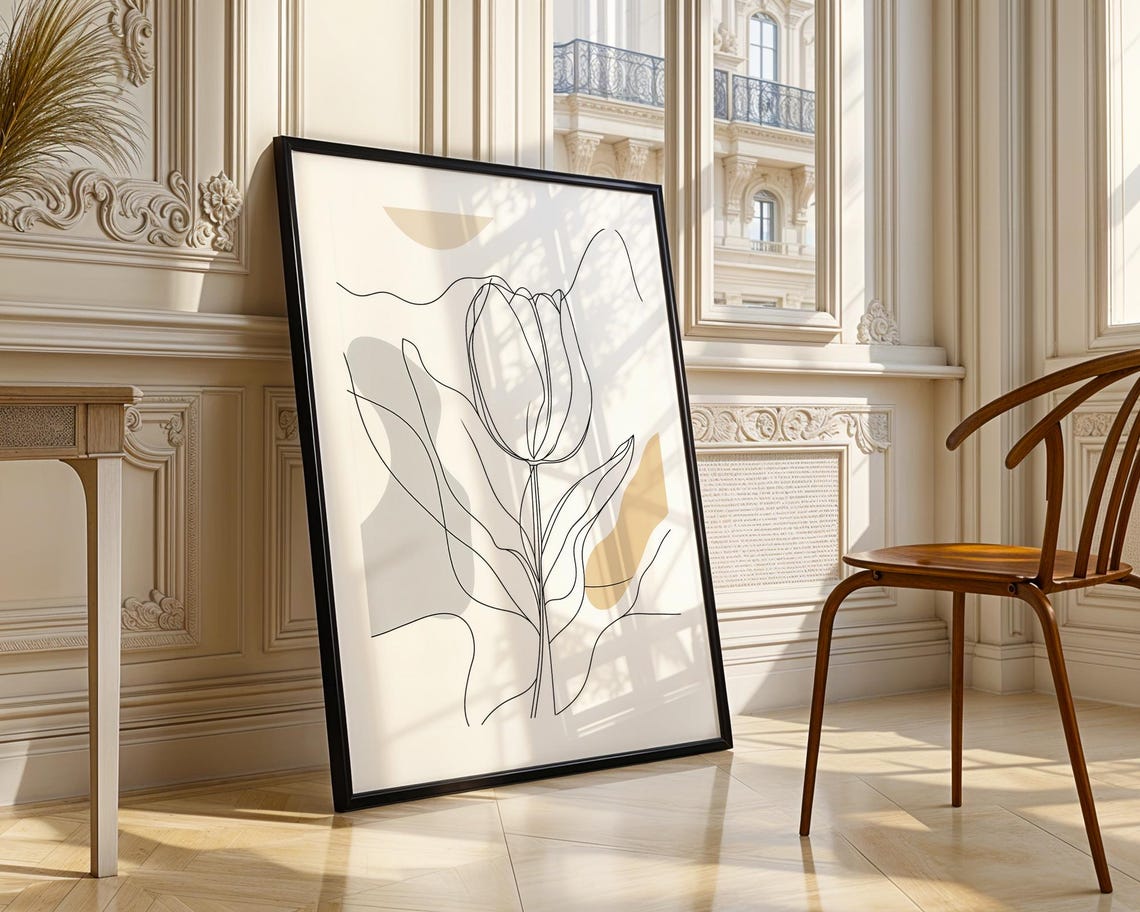 Modern Tulip Line Art Abstract Beige Botanical Drawing Poster - Image 3