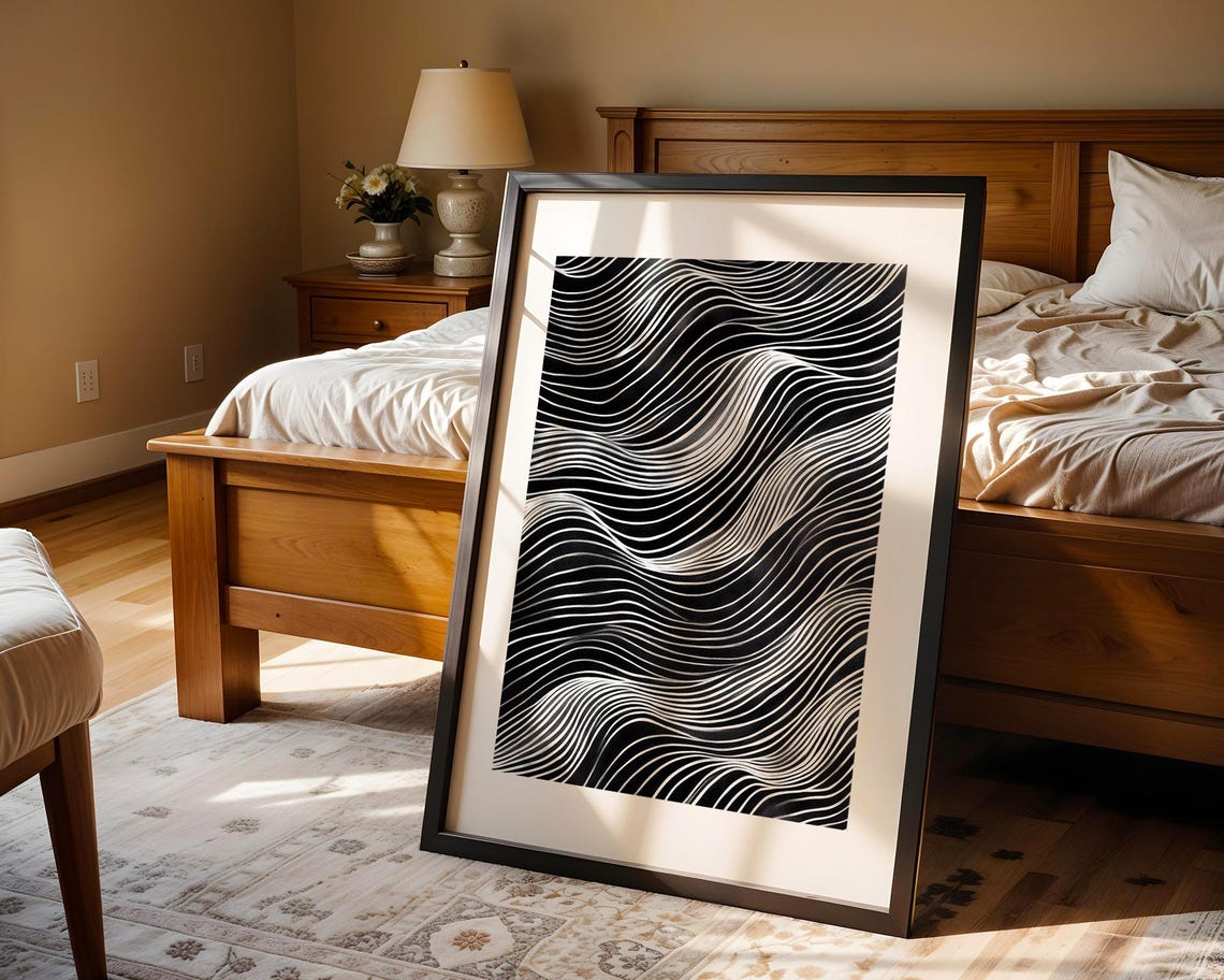 Abstract Ocean Waves Black White Line Art Modern Monochrome Poster - Image 5