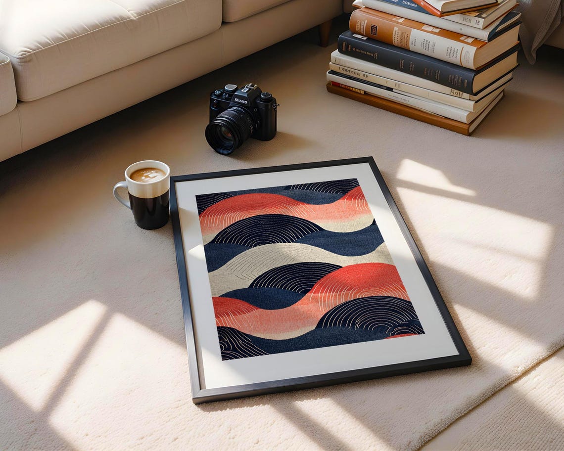 Contemporary Abstract Curved Wave Shapes Red Navy Cream Poster - Image 5