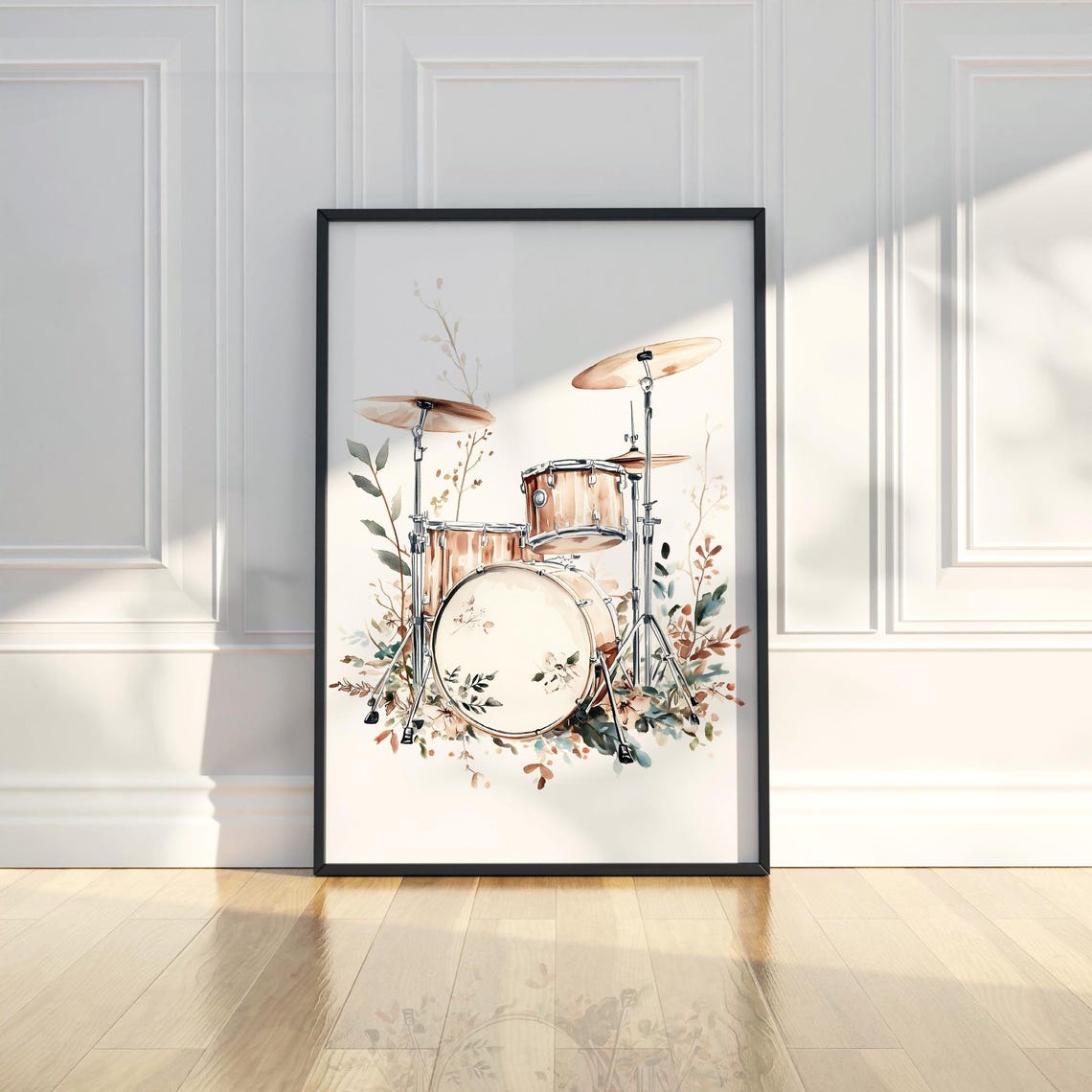 Warm Boho Watercolor Drum Kit With Botanical Floral Art Poster