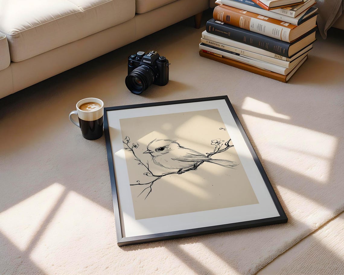 Songbird On Blossom Branch Vintage Ink Sketch Bird Art Poster - Image 5