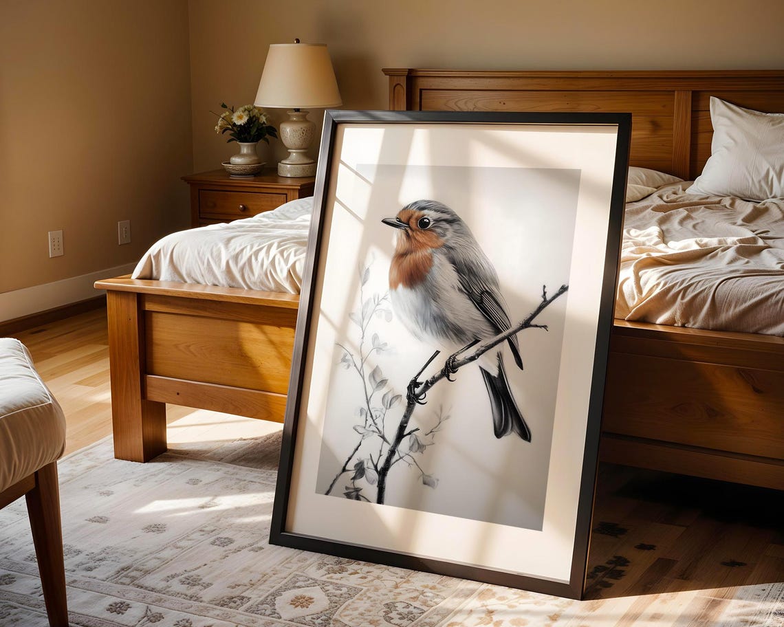 Charming Robin Pencil Sketch Wall Art Nature Bird Minimalist Nursery And Boho Living Room Office Decor - Image 3