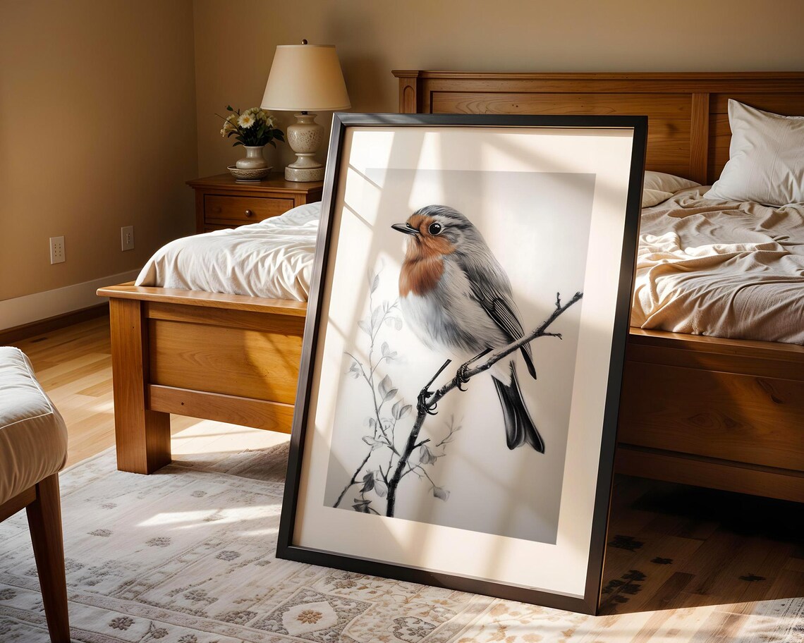 European Robin Perched On Branch Delicate Monochrome Bird Sketch Poster - Image 3