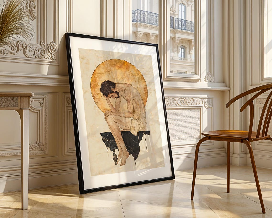 Contemplative Seated Man Sepia Watercolor Gold Circle Fine Art Poster - Image 4
