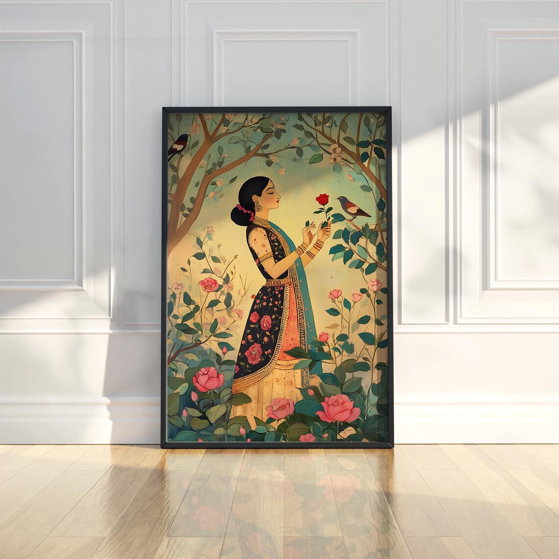 Beautiful Indian Woman Rose Garden Birds Traditional Art Print