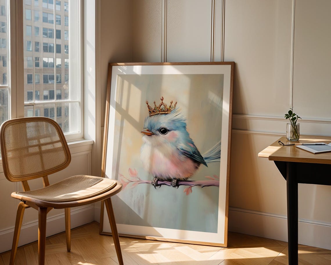 Crowned Blue Bird Pastel Painting Illustration Trendy Wall Art Modern Prints Bedroom Decor Nursery Print - Image 2