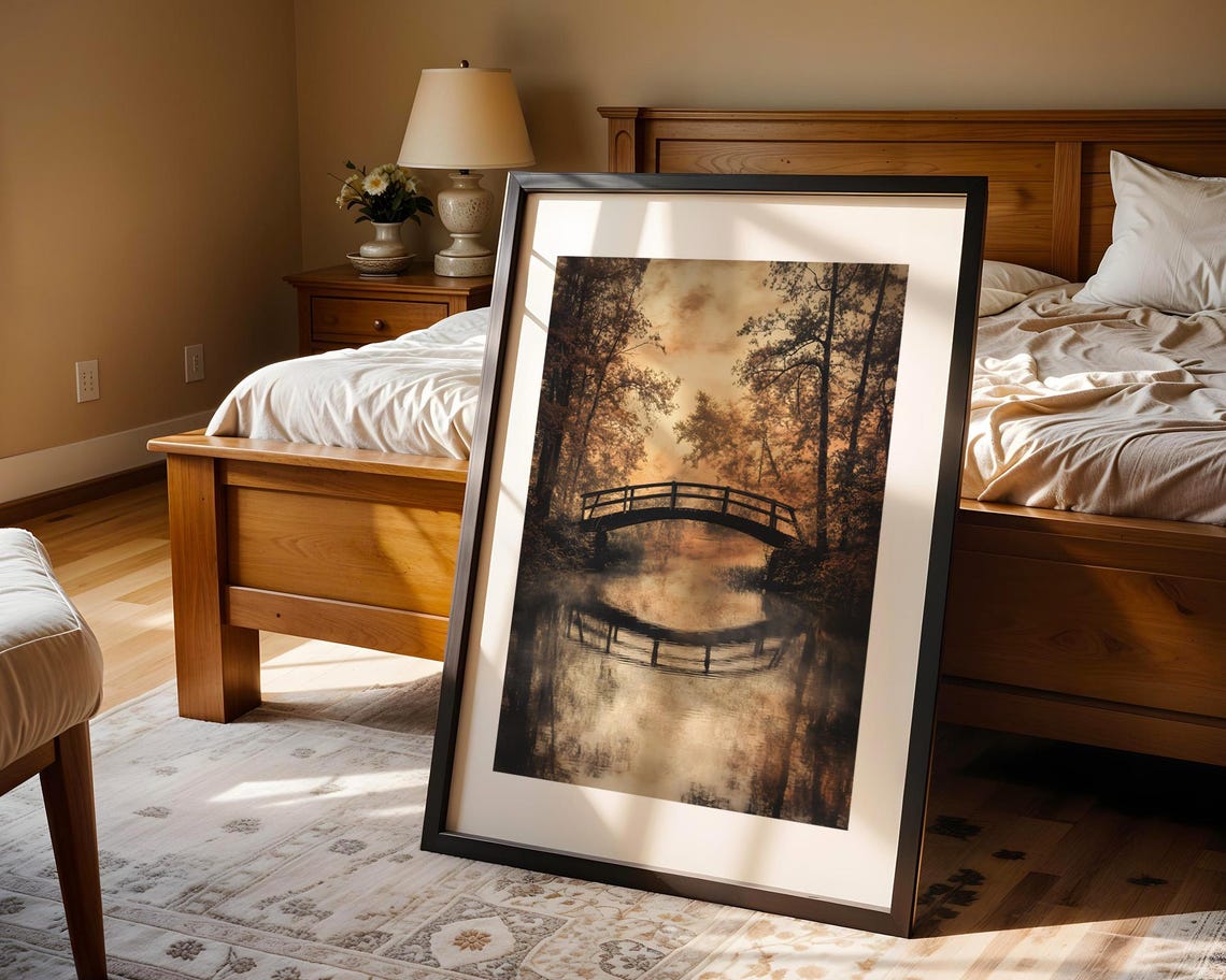 Moody Autumn Bridge Forest Lake Reflection Vintage Art Poster - Image 4