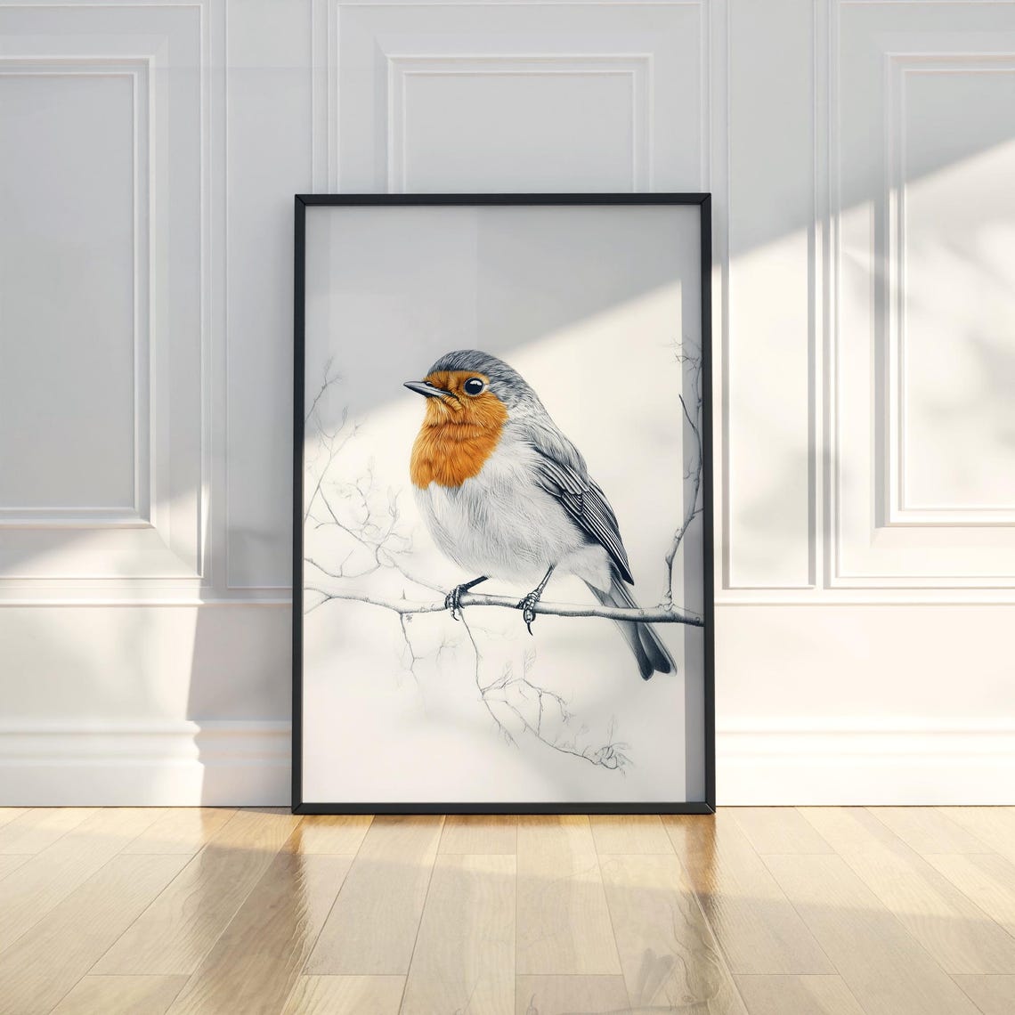 European Robin Bird On Branch Watercolor Portrait Artwork Poster
