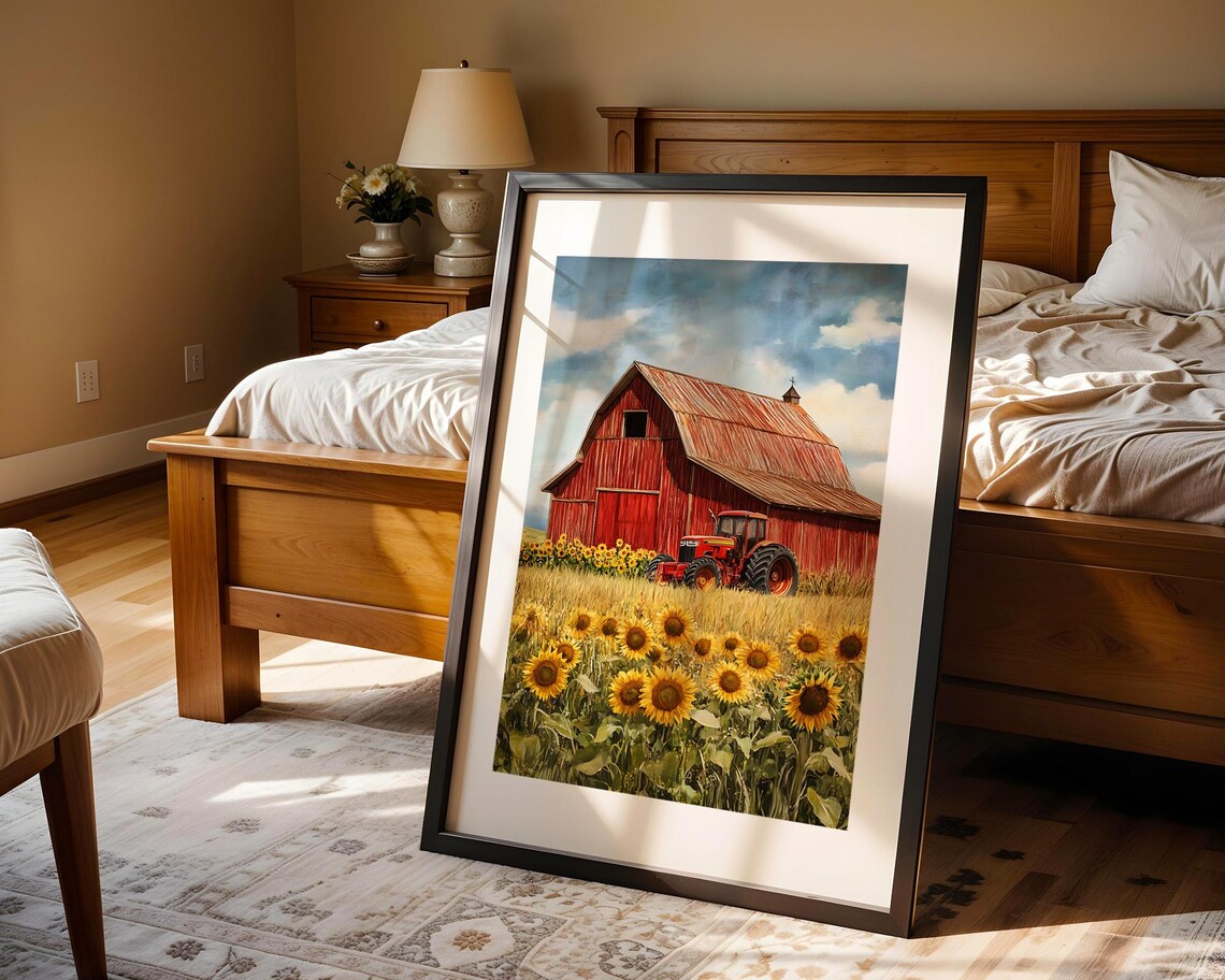 Red Barn Tractor Sunflower Field Watercolor Farm Scene Art Poster - Image 4