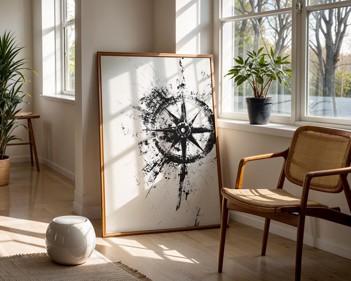 Abstract Black Compass Rose Ink Splatter Nautical Art Poster - Image 3