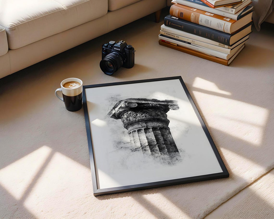 Ancient Stone Column Capital Black Ink Architectural Sketch Art Poster - Image 6