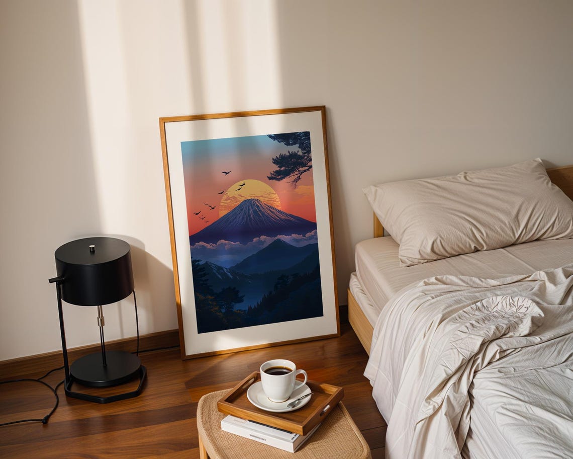 Mount Fuji Sunset Giant Golden Sun Birds Pine Silhouette Poster - Image 2