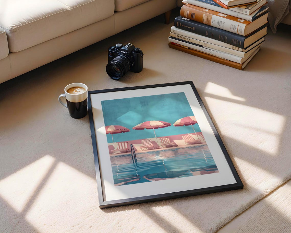 Retro Swimming Pool Pink Umbrellas Summer Vacation Art Poster - Image 5