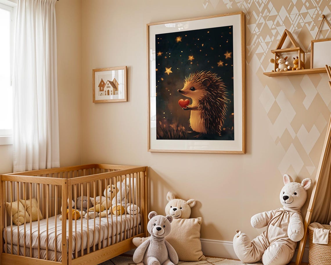 Cute Hedgehog Holding Red Heart Under Starry Night Sky Poster - Image 3