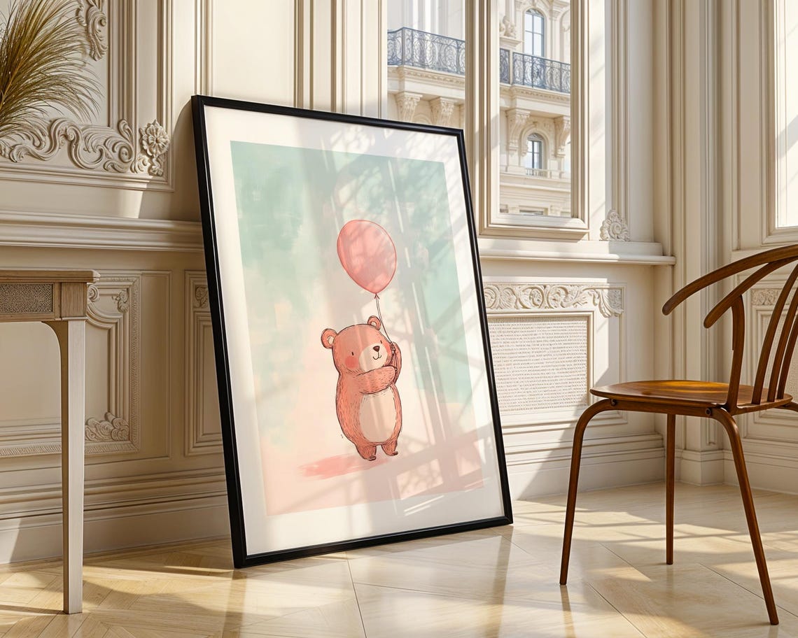 Cute Pink Bear Holding Pink Balloon Nursery Watercolor Art Poster - Image 3