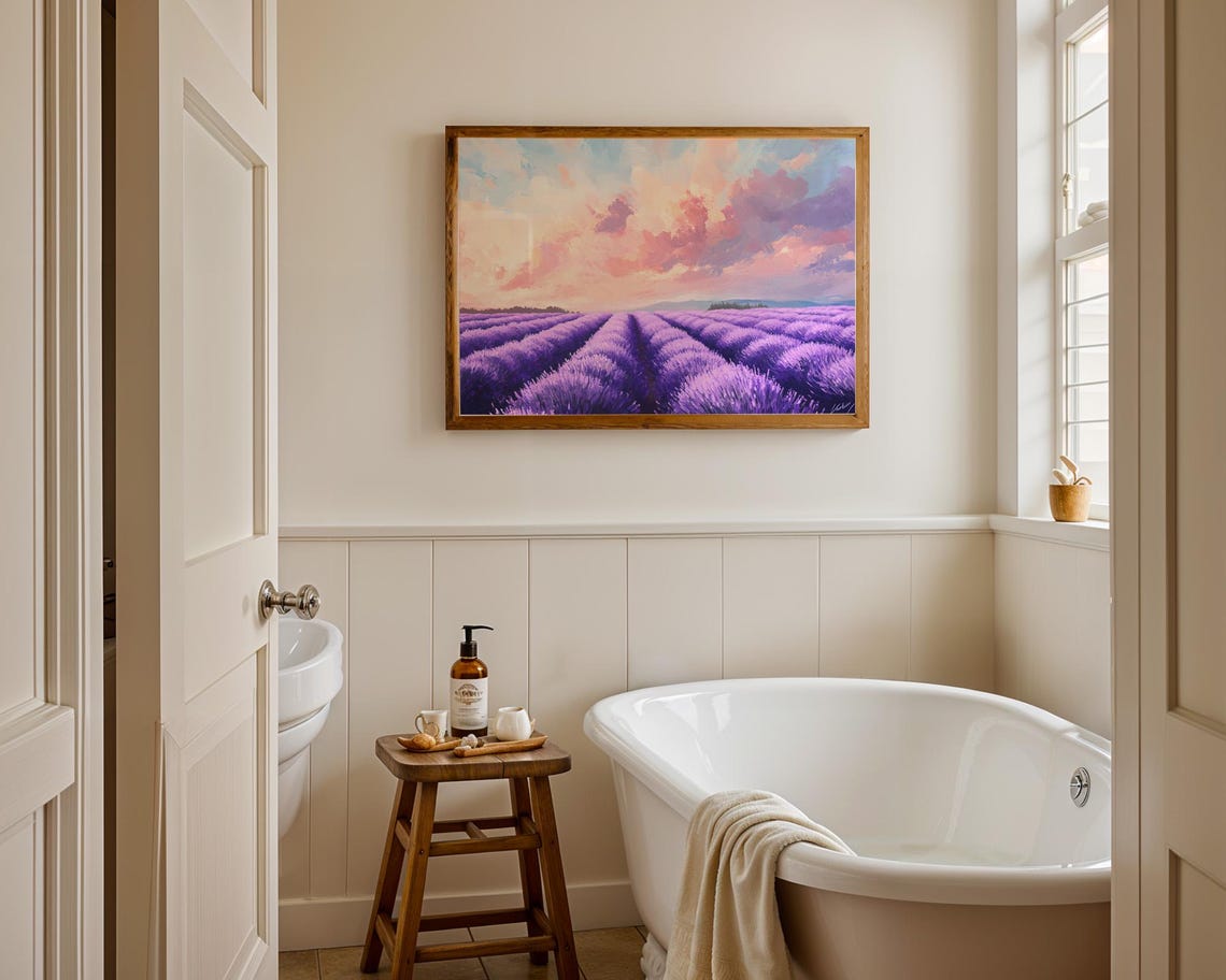 Lavender Rows Sunset Pink Clouds Dreamy Purple Field Landscape Poster - Image 3