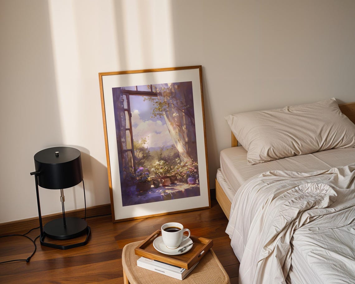 Open Window Flower Pots Dreamy Watercolor Interior Art Poster - Image 2