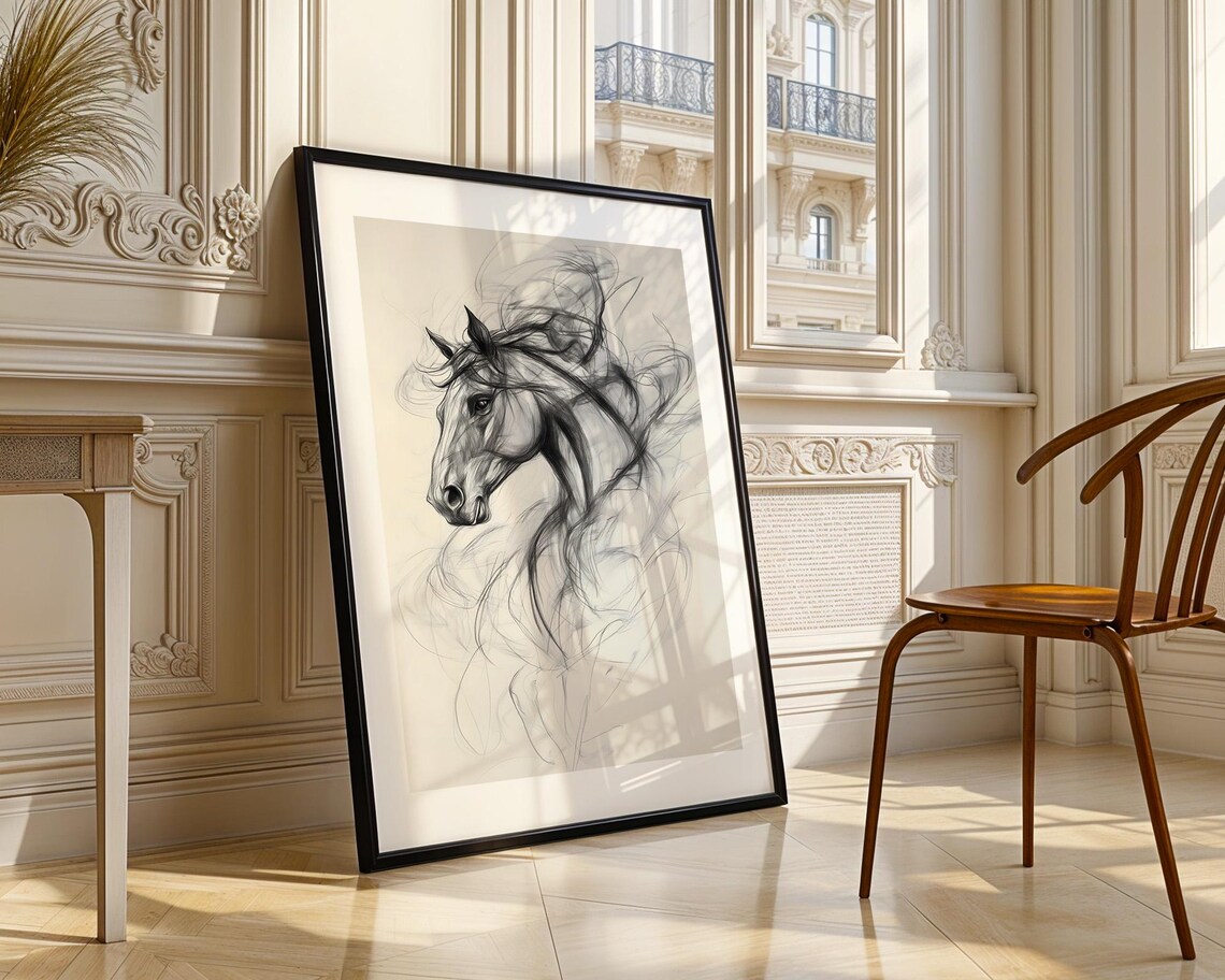 Horse Head Ethereal Flowing Mane Monochrome Sketch Equestrian Art Poster