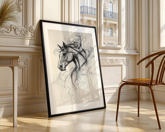 Horse Head Ethereal Flowing Mane Monochrome Sketch Equestrian Art Poster