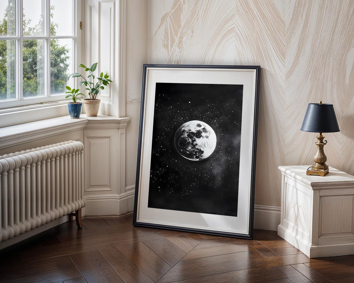Full Moon Starry Night Sky Black And White Photography Art Poster - Image 3