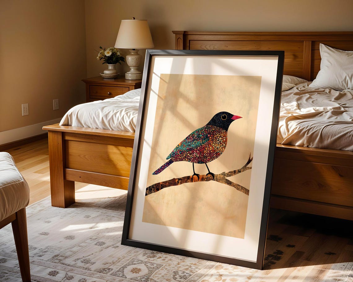 Colorful Mosaic Songbird On Branch Black Head Red Beak Wall Print - Image 3