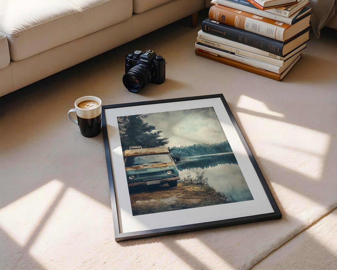 Misty Lake Camper Van Retro Pine Forest Camping Travel Poster - Image 5