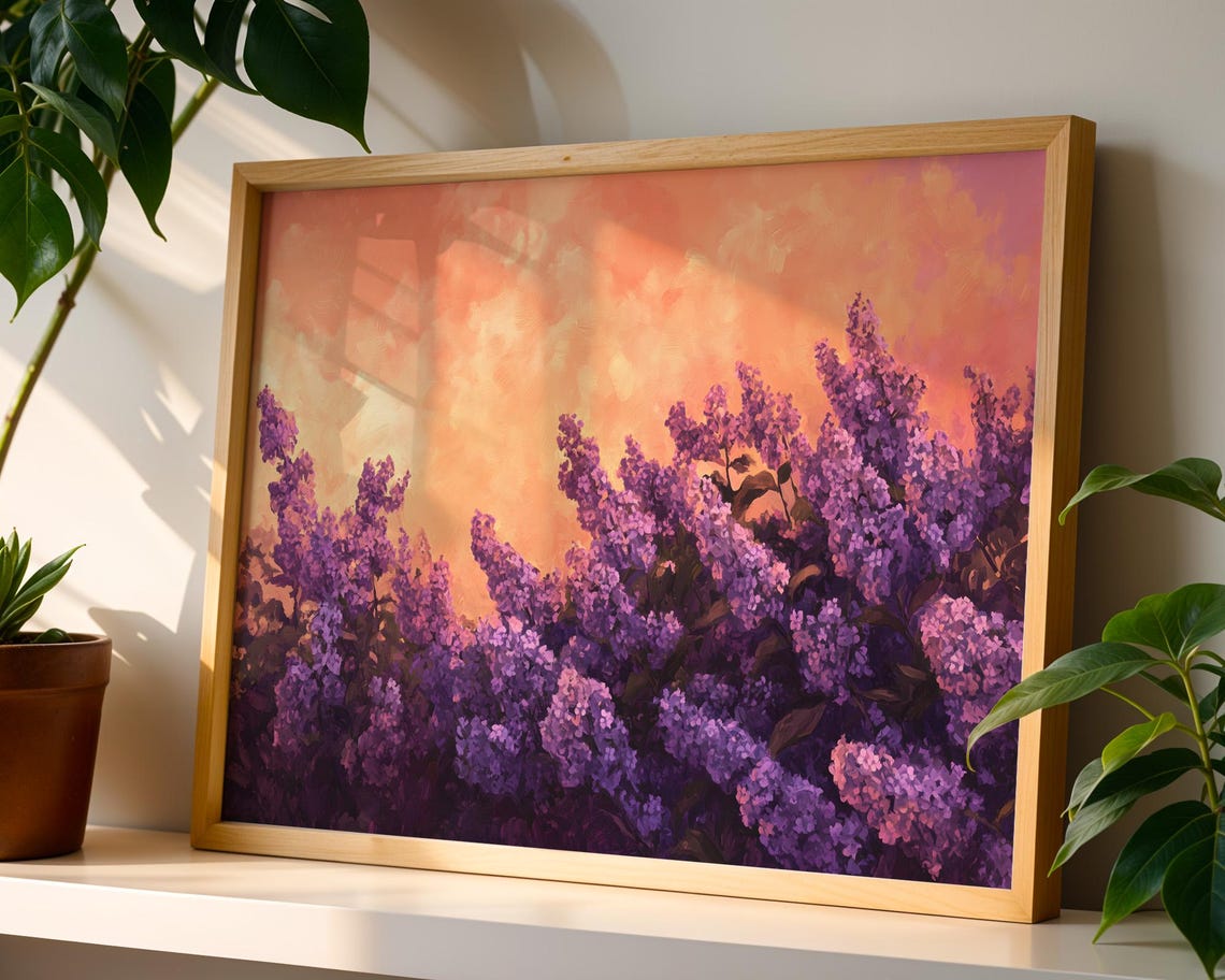 Purple Lilac Blooms Orange Sunset Sky Dramatic Floral Poster - Image 5