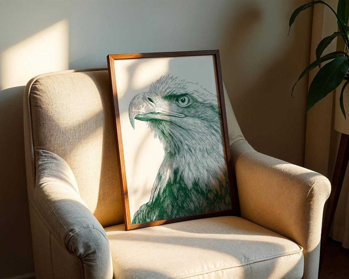 Bald Eagle Head Green Ink Engraving Style Wildlife Portrait Poster - Image 2