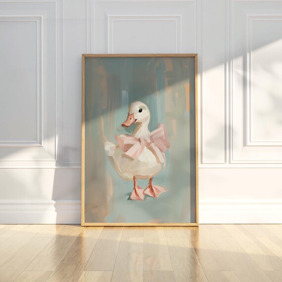Cute Pastel Duck with Pink Bow Painting Poster for Nursery Walls