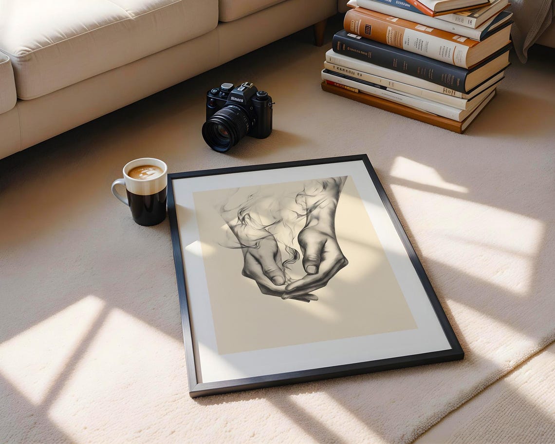 Cupped Hands With Smoke Charcoal Surreal Drawing Artwork Poster - Image 5