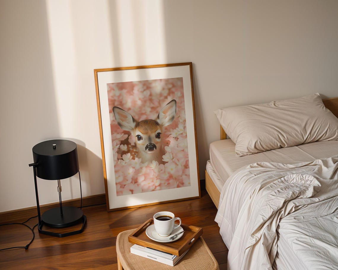Baby Deer Among Pink Cherry Blossoms Cute Nursery Art Poster - Image 2