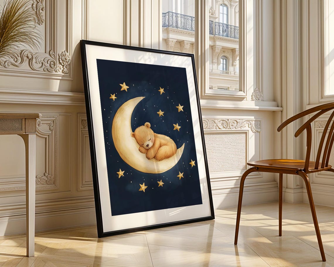 Cute Sleeping Baby Teddy Bear On Moon Night Sky Nursery Wall Art - Image 2