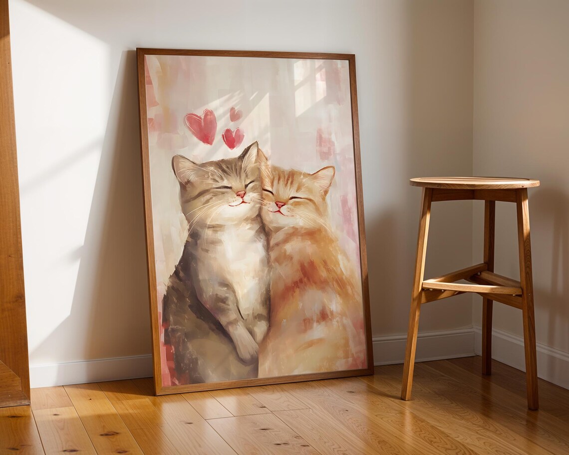 Two Cats Cuddling Pink Hearts Watercolor Cute Kitten Love Art Poster - Image 5